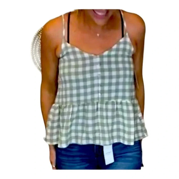Mine Sage green white Checkered Cami tank Top women’s Size Medium Autumn Fall - Picture 1 of 4